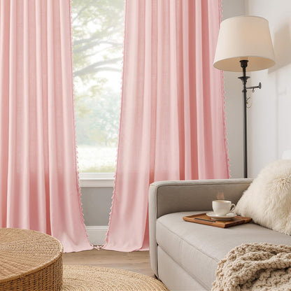 84 Inches 2 52X84 Pink Boho Linen Curtains for Girls Bedroom Nursery Room Long Panels Bohemian Drapes with Tassels Kids