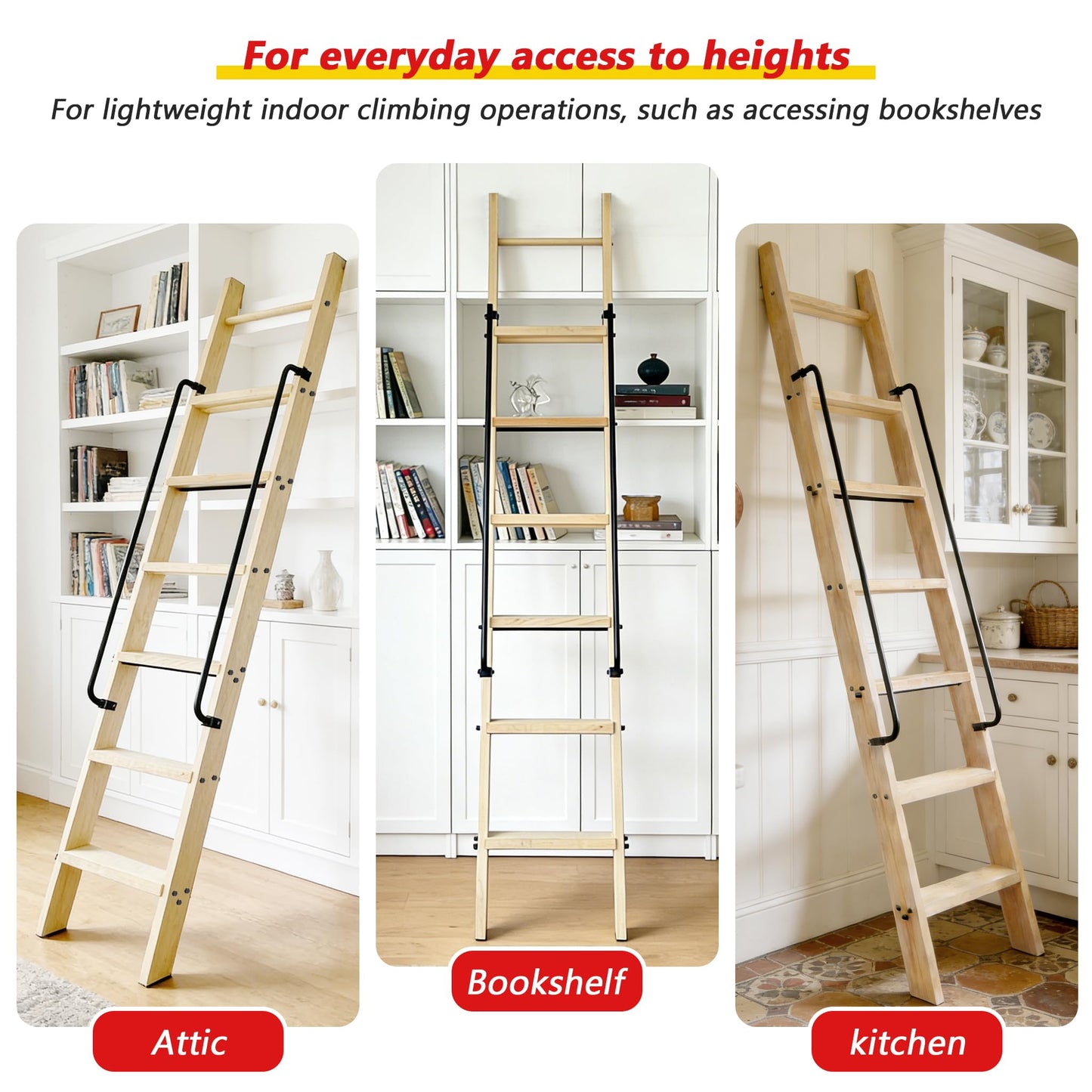 104RDHOUSE 108in Attic Rolling Library Ladder, 9 Step Wooden Ladder with,Ladder Bookshelf,Wall Stairs Red Oak Stair Platform Bunkbed Ladder,for Home Kitchen,Warehouses,Bookstore,DIY Stain