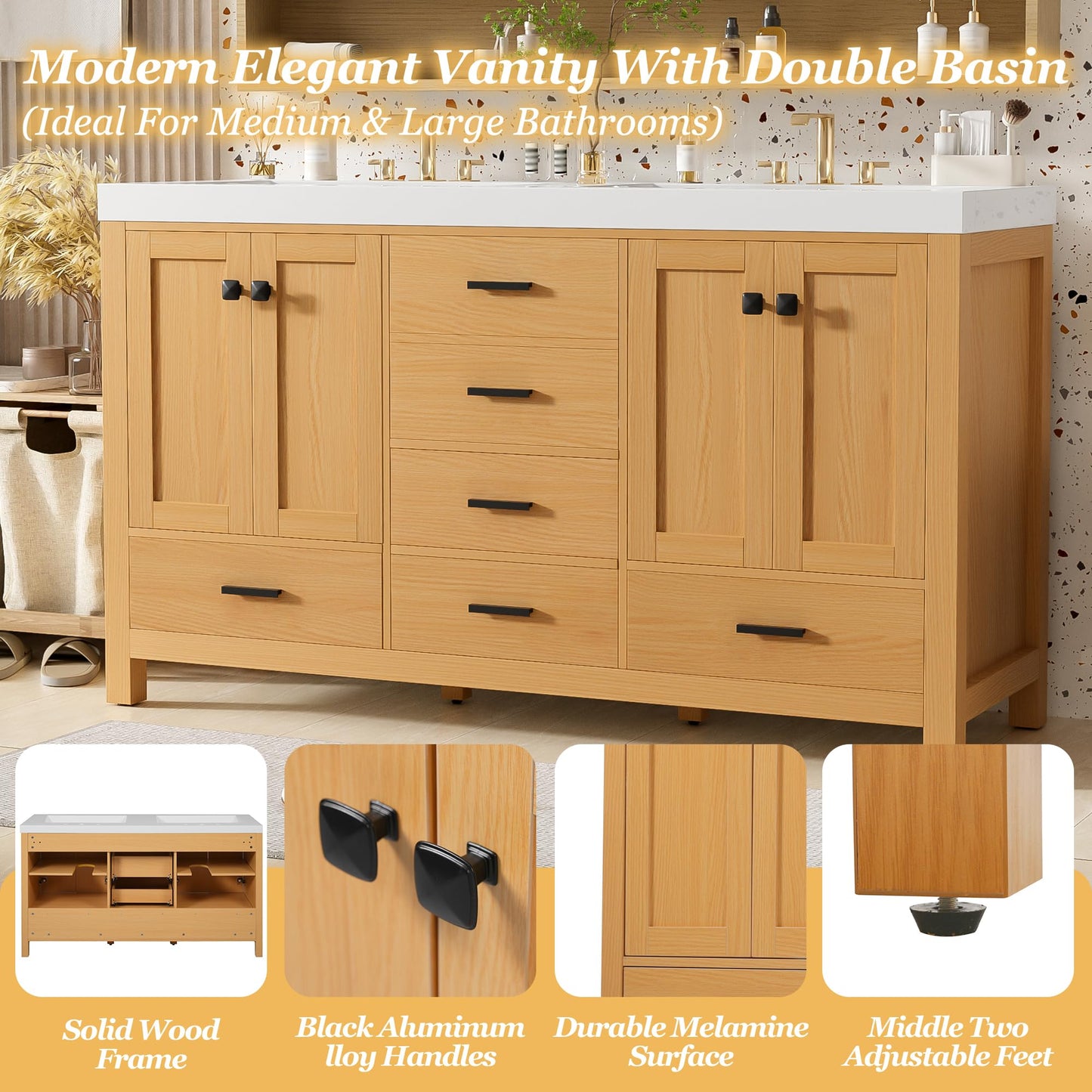 GDFStudio 59.3" Bathroom Vanity with Double SMC Resin Sink, Solid Wood Frame & MDF Cabinet, 4 Doors & 5 Soft-Close Drawers, Adjustable Shelves, Black Handles, Modern Wood Grain Finish