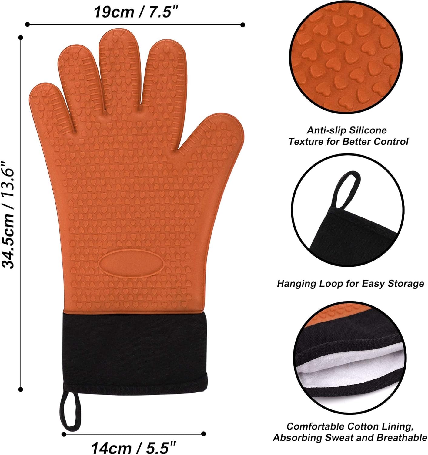 uxcell Silicone Oven Mitts, Heat Resistant Gloves, Kitchen Hand Protection, Non-Slip Grip, 1 Pair, Orange