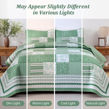 Drucon Green Patchwork Queen Quilt Bedding Set, Spring Summer Plaid Bedspreads, 3 Pieces Lightweight Soft Coverlet with 2 Pillow Shams for All Season 96x90 Inch