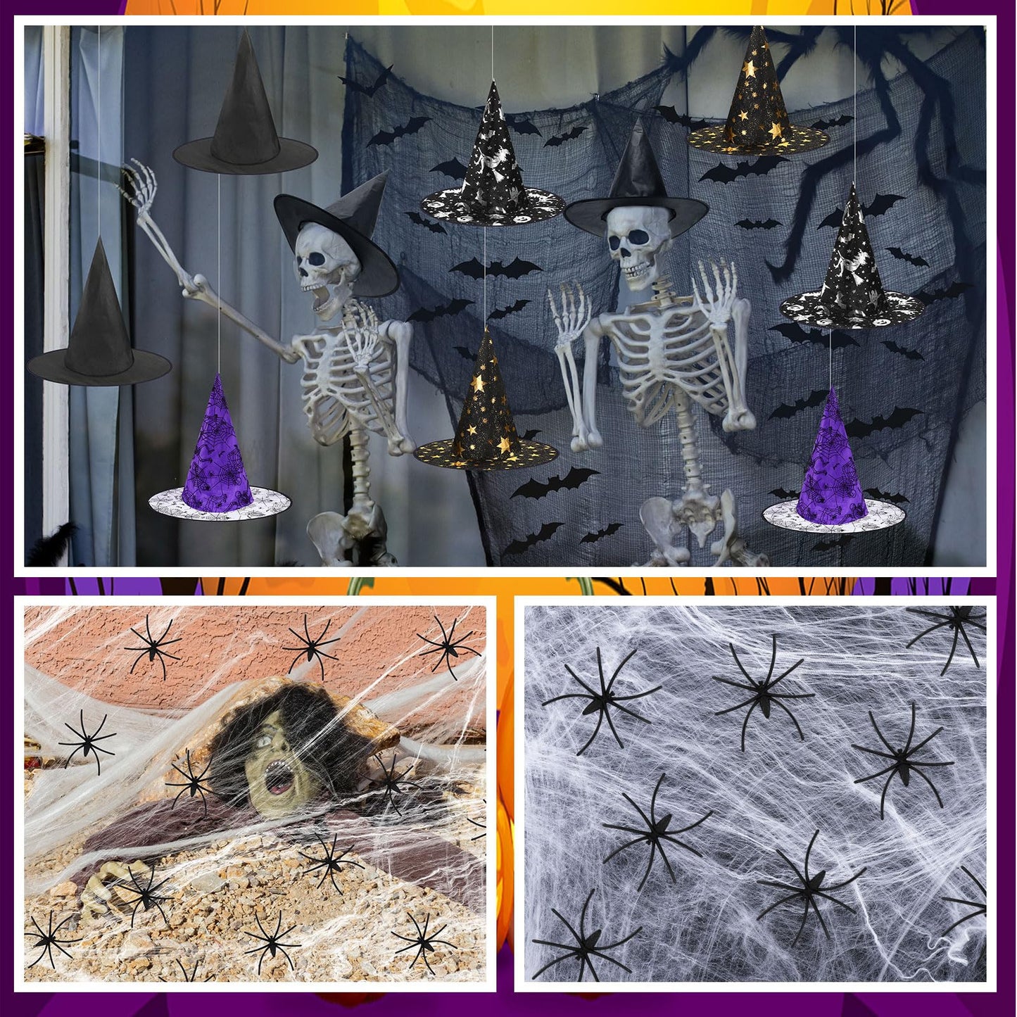 Jenaai 85 Pcs Witch Hat Kit Halloween Decorations Including 16 Hats 36 Bat 30 Fake Spiders 2 Creepy Cloth 60g Spiderweb