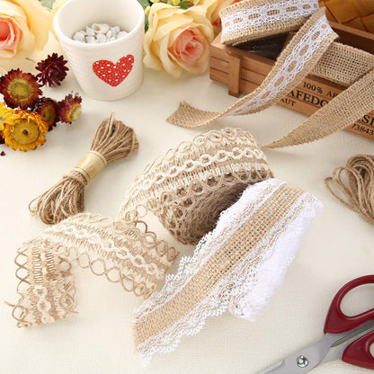WILLBOND 4 Rolls Burlap Ribbon Lace Roll Crafts Ribbon with 32 Feet Twine Rope for Wedding Rustic Decoration DIY Handmade Crafts, 5.5 Yards for Each
