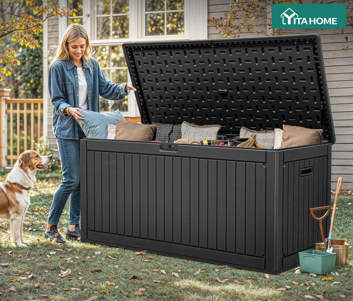 YITAHOME 320 Gallon Large Deck Box with Divider & Side Handles, Outdoor Double-Wall Storage for Patio Furniture Cushions, Garden Pool Accessories, Water Resistant & Lockable
