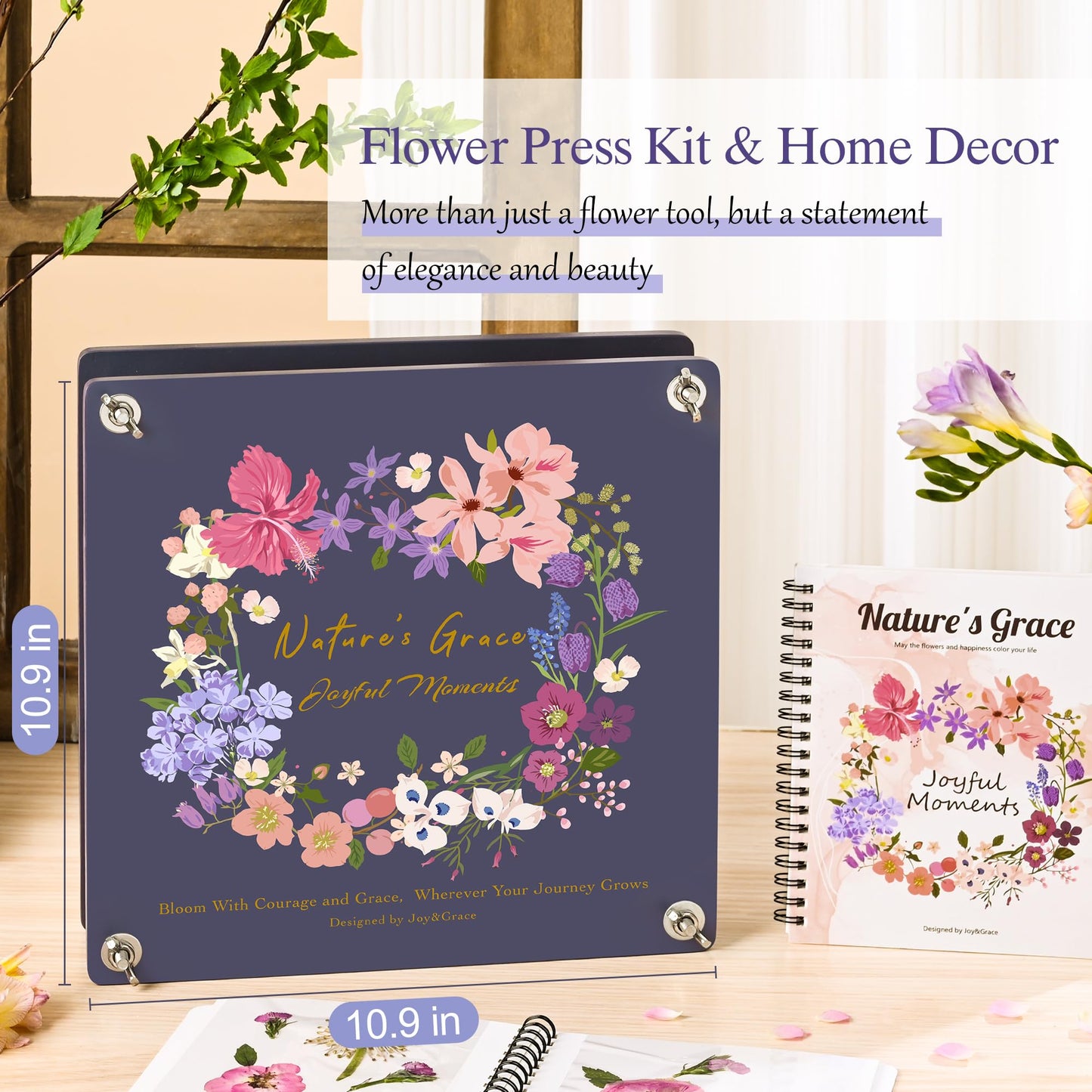 Joy&Grace Flower Press Kit for Adults, with Designed Cover and DIY Album, 10.9" x 10.9" 10 Layers Flower Preservation Kit, Plant Press and Large Plant Drying Toolkit (Color Box, Purple Navy)