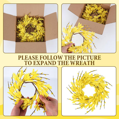 6 PCS Spring Forsythia Wreath Candle Rings Artificial Forsythia Farmhouse Candle Rings Pillar Holder Wreath Mini Spring Summer Floral Candle Rings for Rustic Wedding Home Table Centerpiece Decor