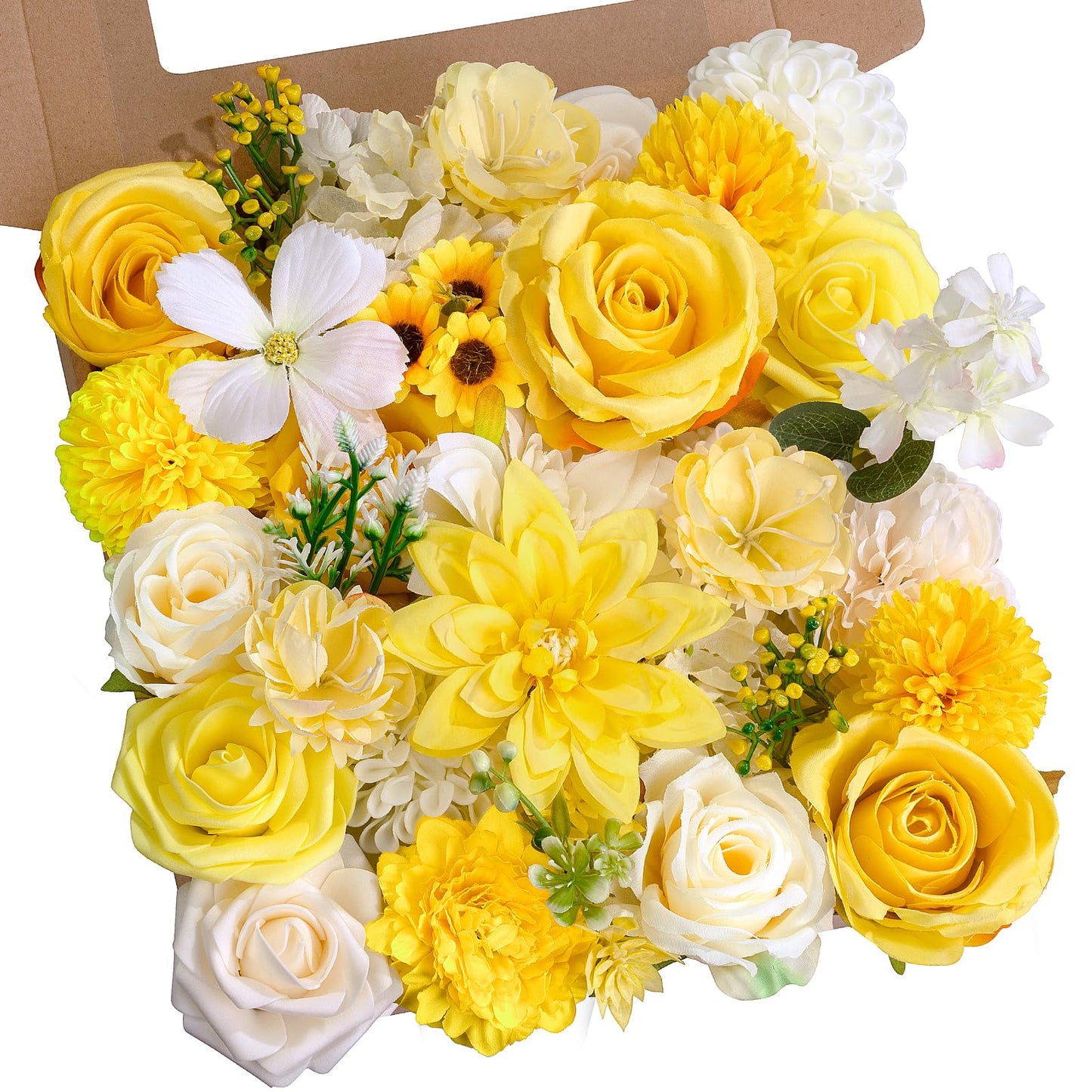 SWNAWE Yellow Flowers Artificial Roses Combo Set Fake Pink Silk Flowers Faux Peony Flowers Mix Dahlia with Stems for Wedding Bouquets Baby Bridal Shower Party Floral Arrangements Decor