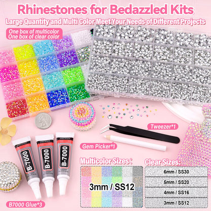 40000Pcs Resin Rhinestones for Bedazzling Kit, 2 Boxes Multicolor 3mm & Clear 3/4/5/6mm Bedazzled Crystal, Flatback Gems with 3Pcs 10ml B7000 Jewelry Glue for DIY Crafts Clothing Nail Art Makeup