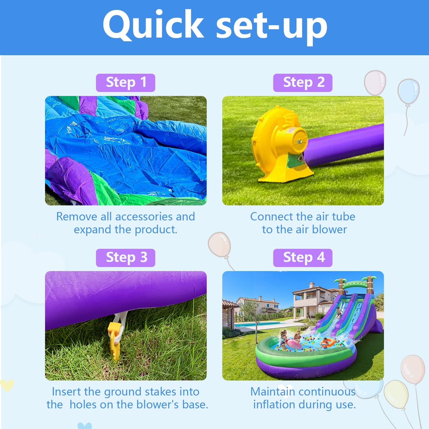 Inflatable Water Slide Backyard with Powerful Blower, Splash Pool & Spray Feature – Durable, Easy Setup, Fast Drainage, Summer Outdoor Water Park Fun for Kids & Adults (Rain Forest)