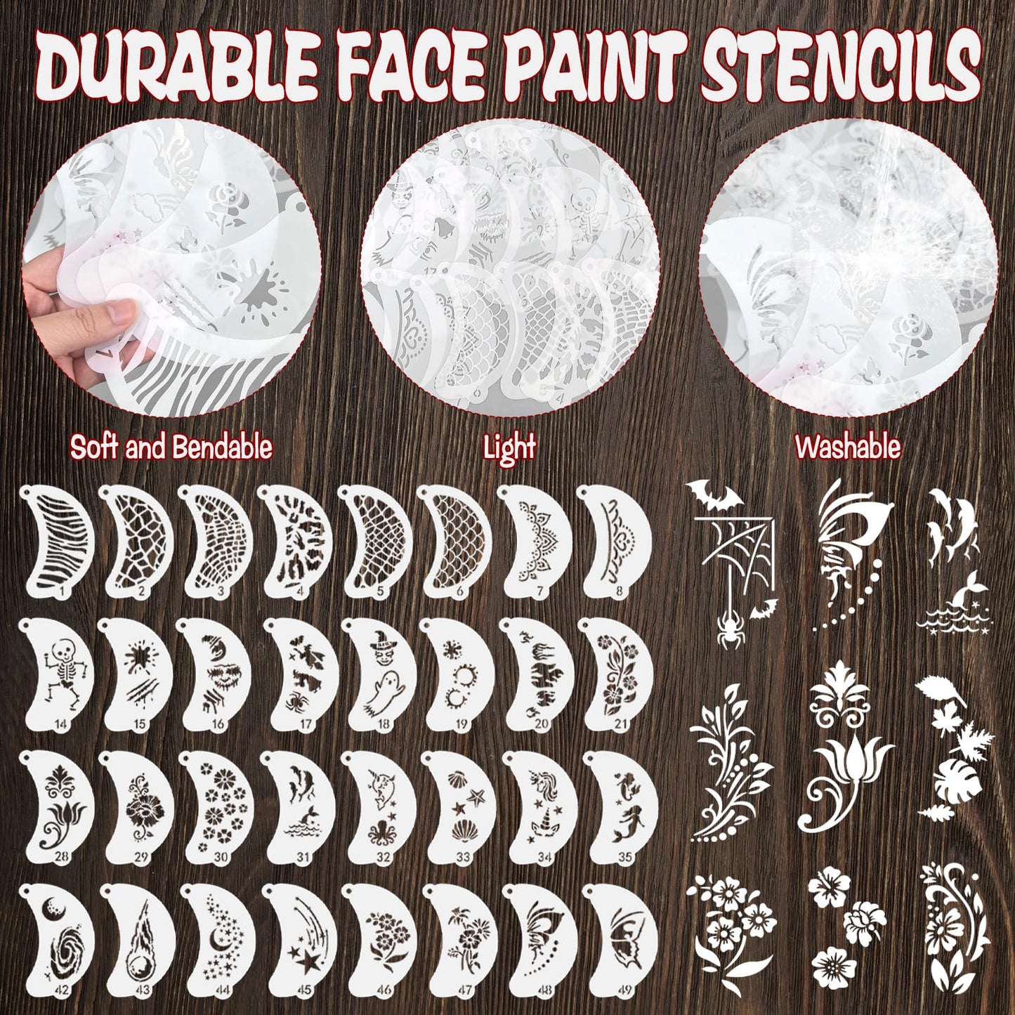 55 Pcs Face Paint Stencils, Reusable Face Painting Stencils Washable Body Makeup Art Tattoo Templates Flowers Animals Shapes Elements with Hanging Hole for Party Holiday Halloween, White Translucent