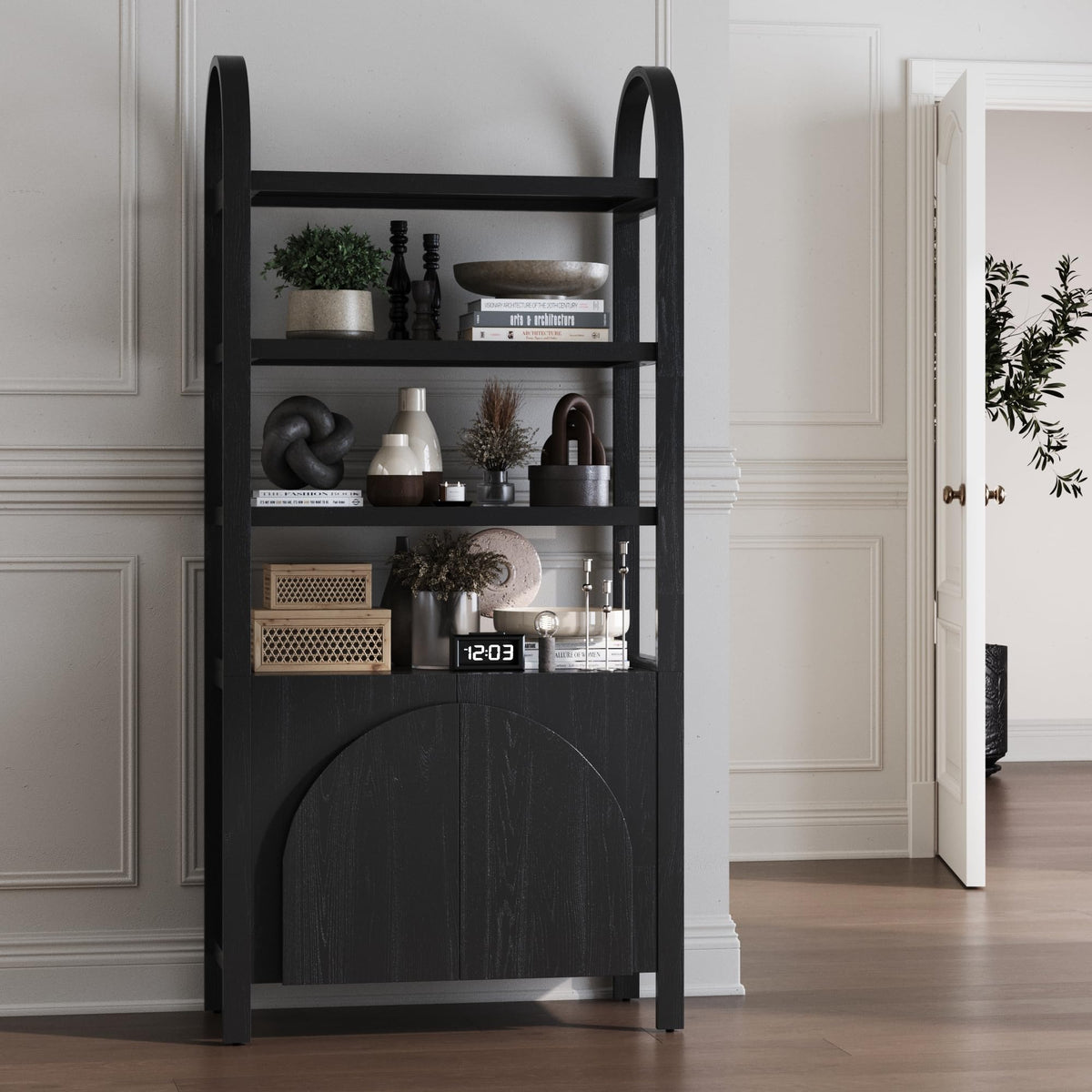 Nathan James Iris 3 Tier Bookshelf, Arched Bookcase Cabinet, Solid Wood Bookcase with Cabinet Base, Boho Bookshelf in Midnight Charcoal Finish