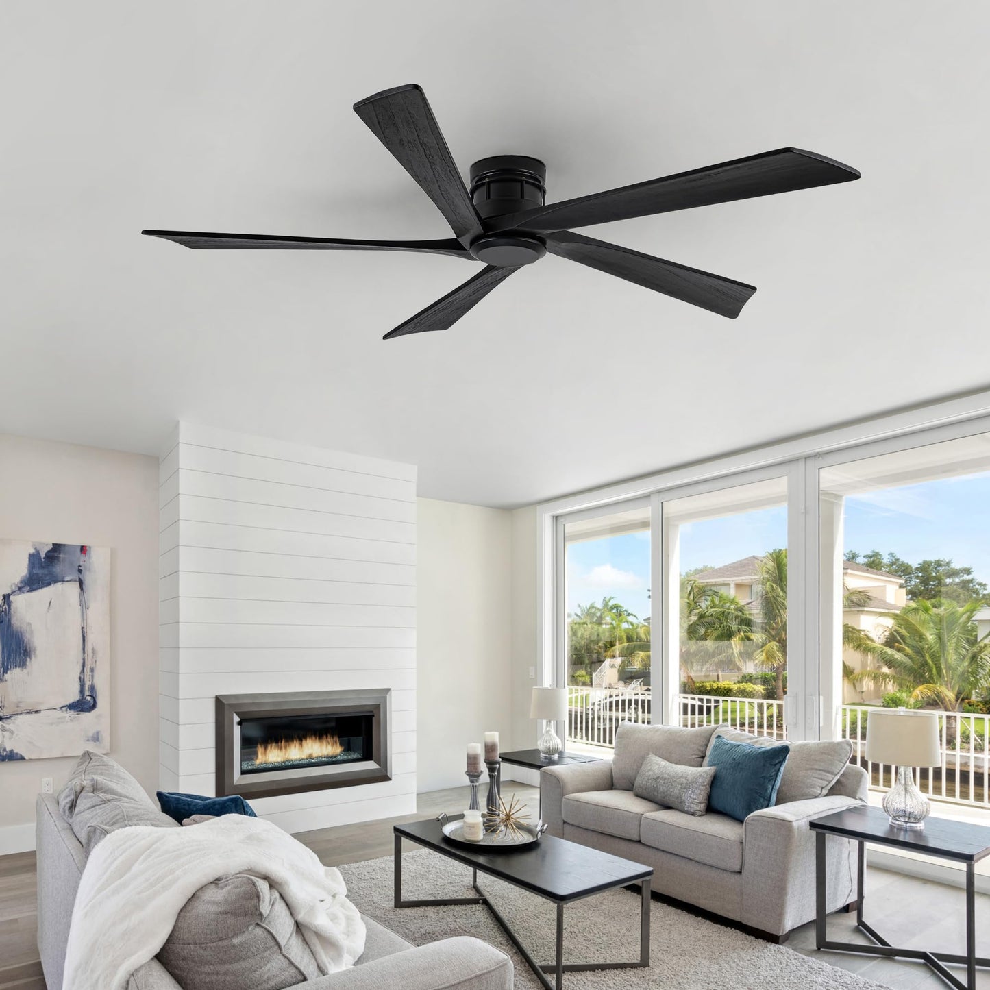 Vernal Life 64 Inch Modern Flush Mount Ceiling Fans no Light for Living Room, 5 Reversible Wood Blades, 6-Speeds, 110V Noiseless DC Motor (Black Finish with Black Blades)