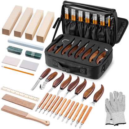 Wood Carving Kit Deluxe, 35-in-1 Whittling Kit for Beginners, With 8PCS Whittling Knives & 12PCS Detail Wood Carving Knives, Black Walnut Wood Handle, Wood Carving Kit for Beginners and Enthusiasts