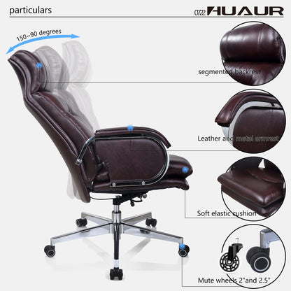 HUAUR Genuine Leather Modern Executive Chair High-Back Support 90 to 150 Degrees Tilt and Upholstered Home Desk Chair with Base 360LB Capacity Swivel Computer Office Chair (Brown)