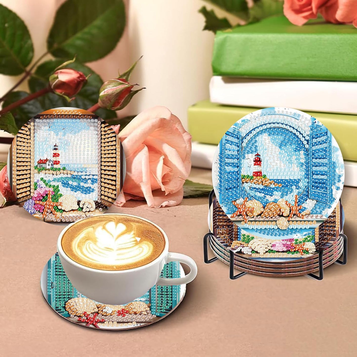 8 PCS Diamond Art Coasters Kits Lighthouse Diamond Painting Coaster Kits Diamond Coasters with Holder Cork Pads Gem Art Dots Paintings Crafts Supplies for Adults Beginners