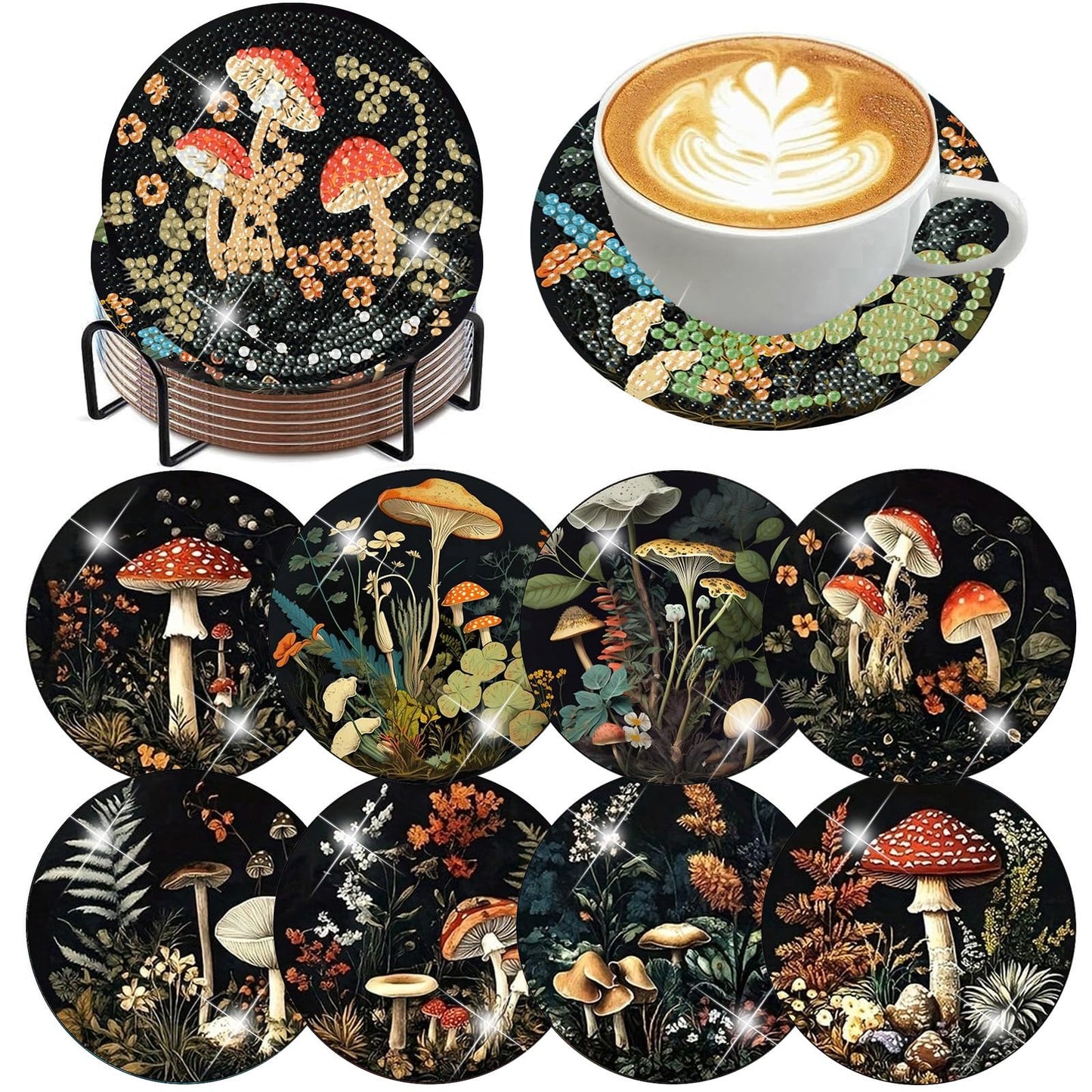 Ekuxom 8 Pcs Diamond Art Coasters Kit for Adults- Mushroom Forest Diamond Painting Coasters with Holder-DIY Crystal Full Drill Rhinestone for Crafts Gifts Adults Beginners