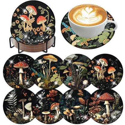 Ekuxom 8 Pcs Diamond Art Coasters Kit for Adults- Mushroom Forest Diamond Painting Coasters with Holder-DIY Crystal Full Drill Rhinestone for Crafts Gifts Adults Beginners