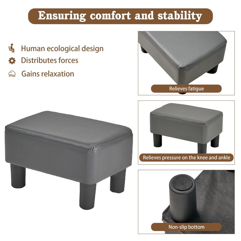VECELO Small Foot Stool Ottoman, PU Foot Rest with Legs, Rectangle Footrest for Living Room Couch, Gray