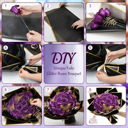 Tobilu Glitter Roses Bouquet - DIY Artificial Flower Bouquet Kit with Fake Rose Butterfly Stems Cards for Gifts Mother's Day Valentine's Day Anniversary Birthday, 24 Roses, Purple