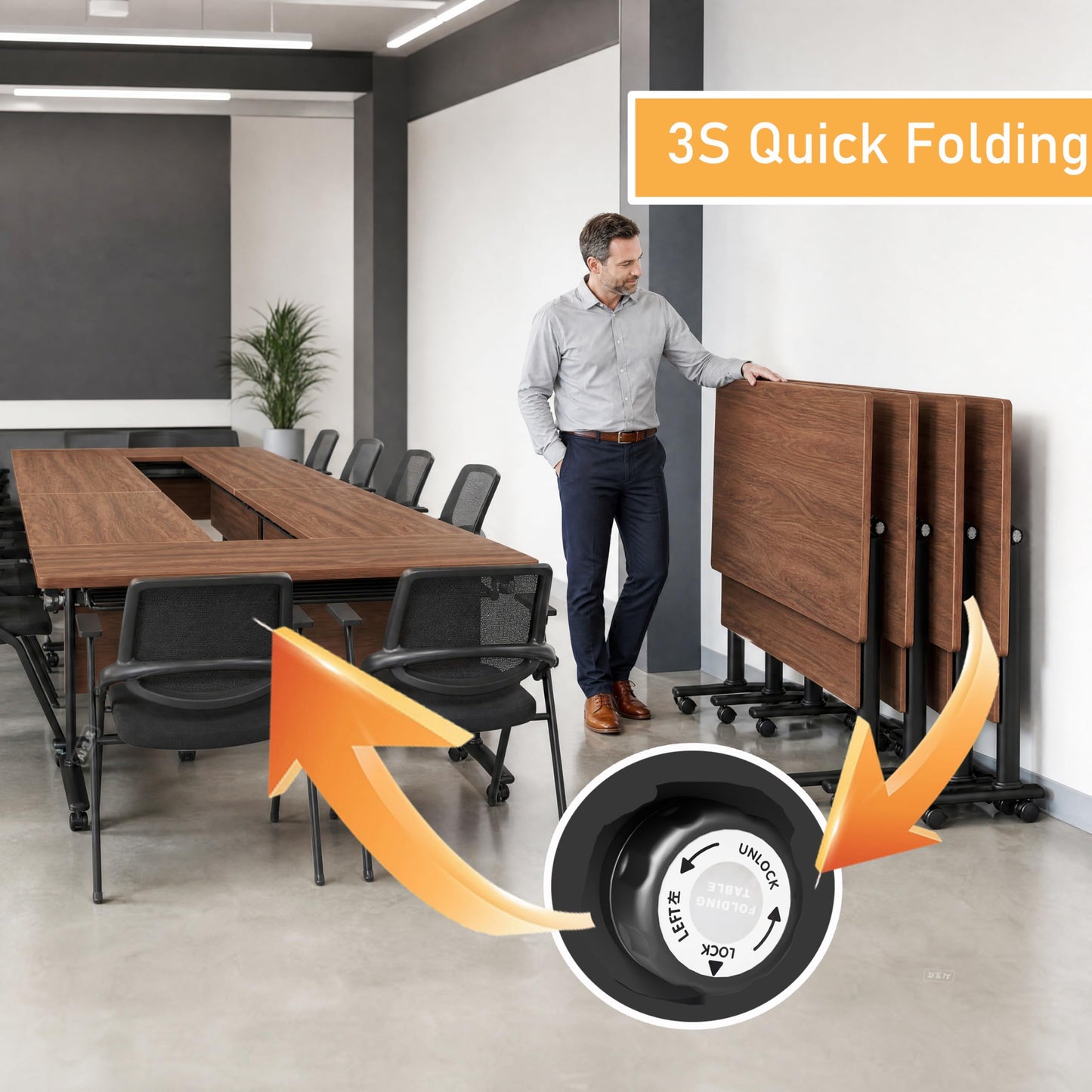 Modular Folding Conference Room Table with Wheels - 6 Pack Flip Top Mobile Training Table,Modern Meeting Tables 2-30 Person,Walnut,61"x 19.6"x 29.5"