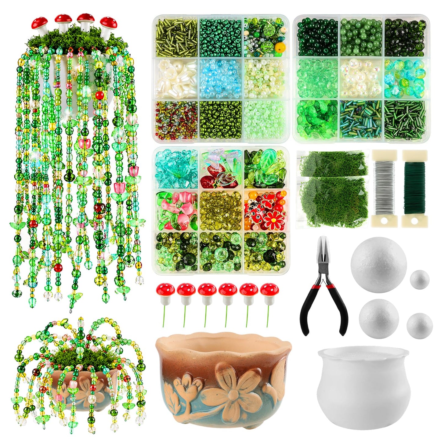 Tarklanda 5450 Pcs Green Glass Beaded Plant Kit, Crystal Leaf Flower Beads for Jewelry Making DIY Crafts Kit for Forever Plant Lovers Women Gifts with Plant Pot