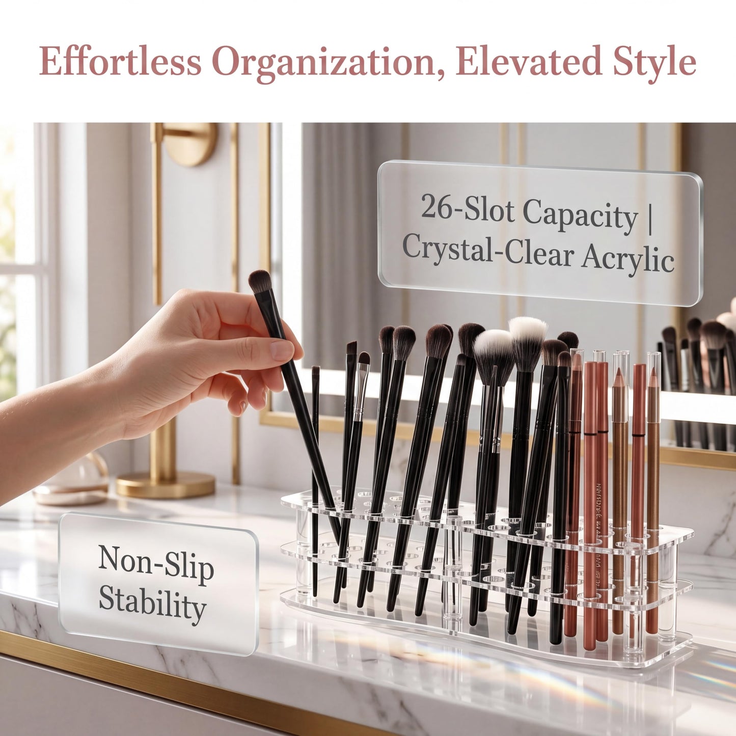 YIMITEE 3 Pack Acrylic Pen Holder, 26-Slot Clear Pencil Display Stand, Eyebrow Pen Stands, Makeup Brush Rack Organizer, Art Brush Desk Stand Organizer for Home, Store, School Office Supplies