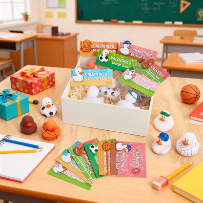 Deekin 30 Packs Valentines Gifts for Kids 2 Inches Sports Valentines Rubber Ducks Valentine's Day Exchange Gifts for Boys Girls School Classroom Prizes Cruise Ships Party Favors