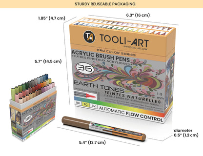 36 Earth Tones Flexible Brush Tip Acrylic Paint Pens Automatic Flow Control 1-5mm Line for Rock Painting,Coloring, Lettering,Scrapbooking,Glass,Mugs,Wood,Metal,Canvas,Fabric,Plastic Waterbased