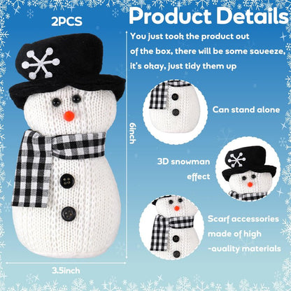 SmoothNovelty 2 Pcs Winter Snowman Plush Toys 6'' Snowman Figurines with Black and White Checkered Scarf Christmas Snow Man Table Centerpieces for Holiday Winter Home Table Fireplace Decor