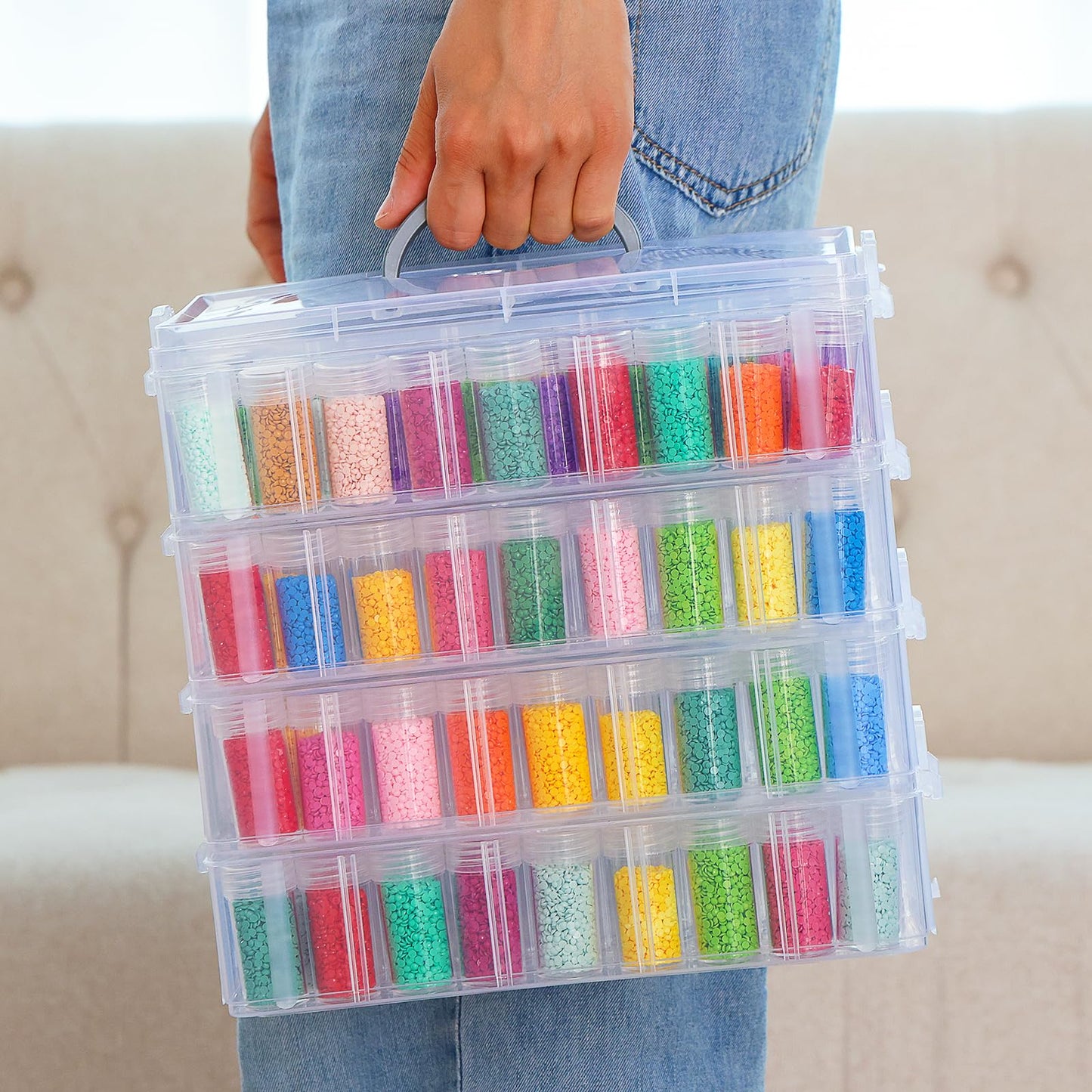 QUEFE 4-Tier Diamond Painting Storage Container, 200 Slots Portable Bead Organizer Box, Stackable Crafts Organizers for DIY Diamond Art Craft Jewelry Bead Storage