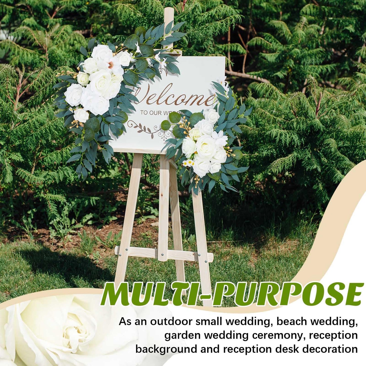 Thiccywoov 4 Pcs Wedding Arch Flowers and Drape Kit Include 2 Artificial Floral Swag and 2 White Chiffon Drapes, Faux Flower Set for DIY Wedding Party Reception Ceremony Backdrop Rose Decoration