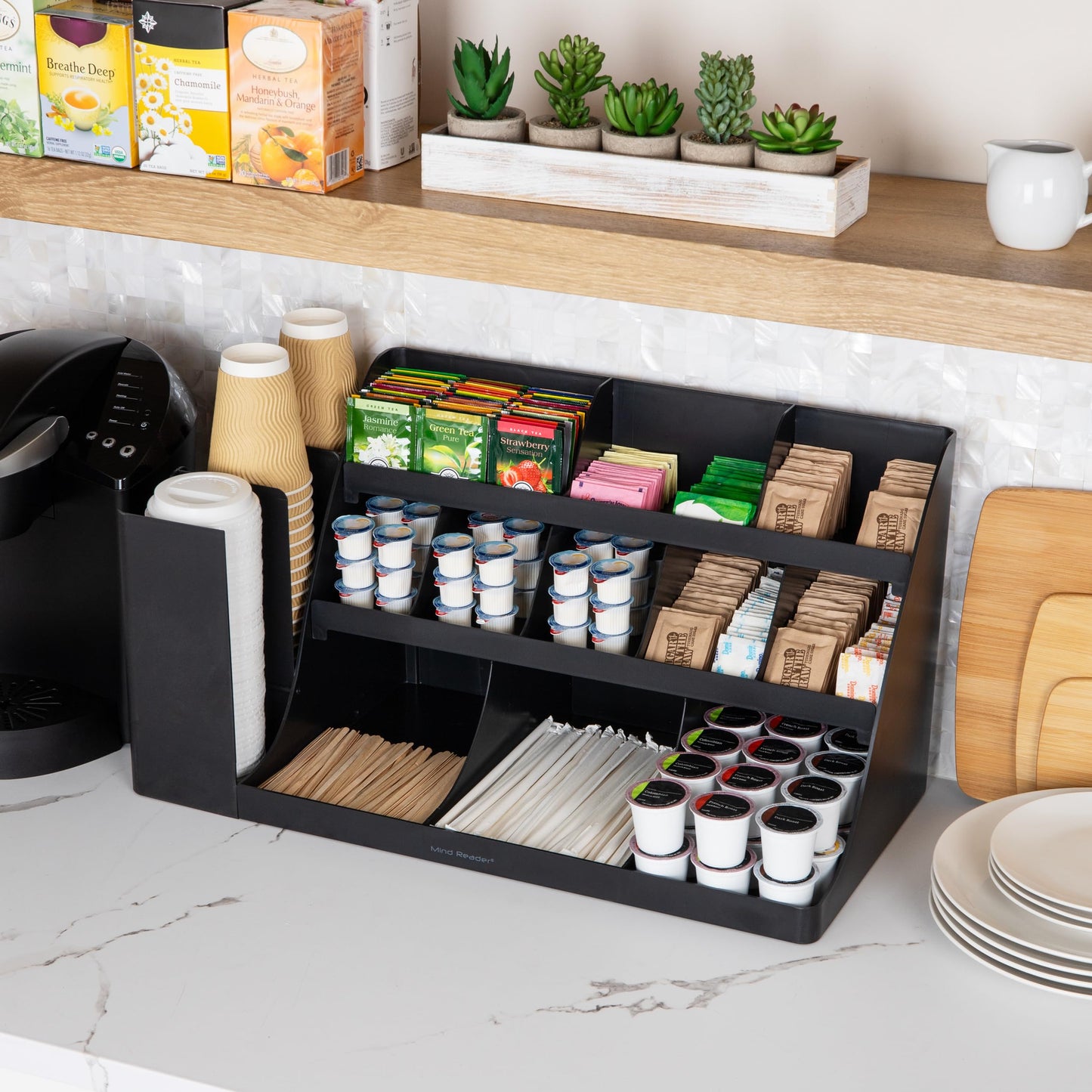 Mind Reader Cup and Condiment Station, Countertop Organizer, Coffee Bar, Kitchen, Stirrers, Black