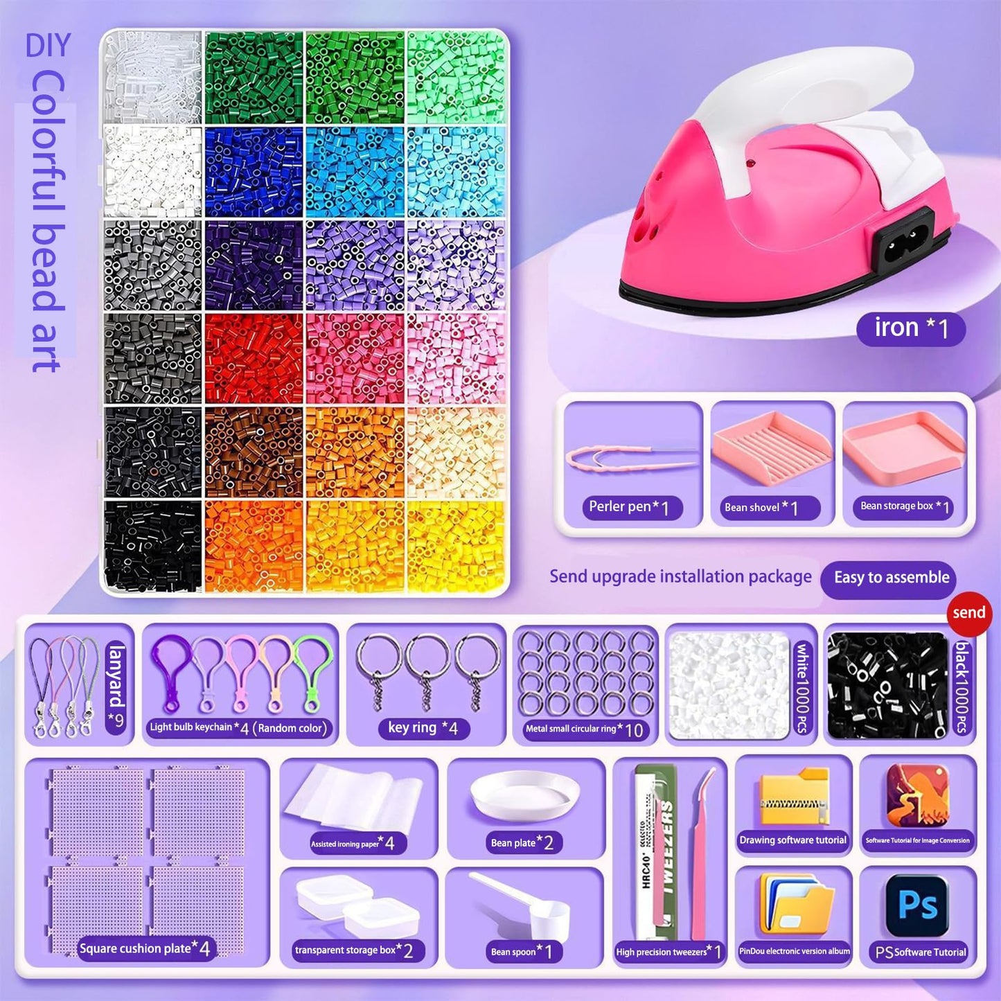 Fuse Beads Kit for Jewelry Making, 2000 Pcs Melty Beads with Storage Box and Big Iron, Create Bracelets, Keychains, Pixel Art, Complete Crafts for Girls & Boys Birthday Gifts, Easter Basket Stuffers