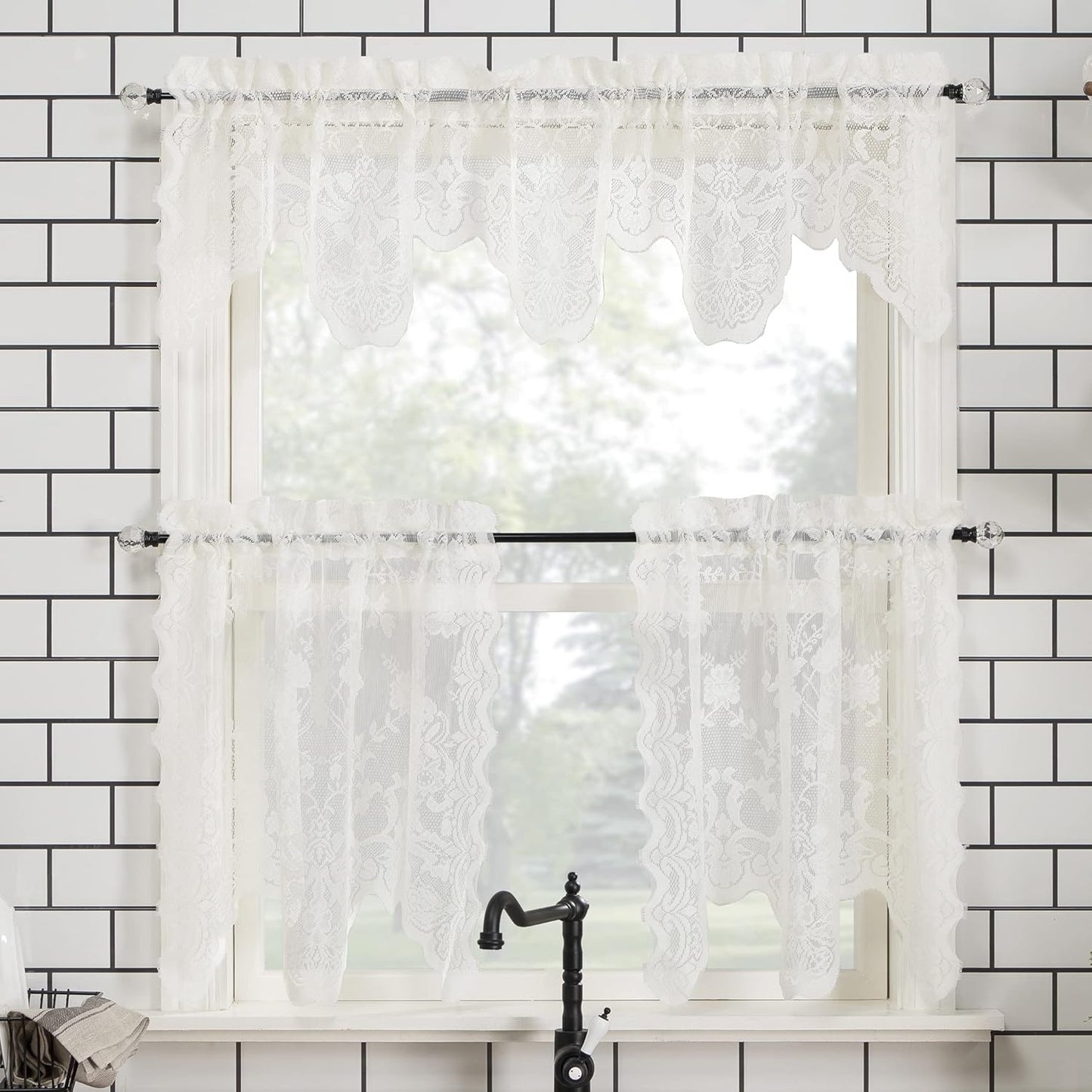 No. 918 Alison Floral Lace Sheer Rod Pocket Kitchen Curtain Tier Pair, 58" x 36", Ivory Color