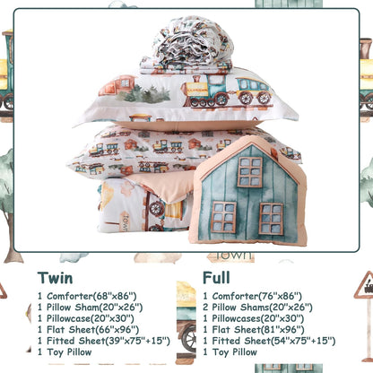 Sets 8 Set Country Set, Mooreeke Kids Full Comforter for Boys Pieces Train Bedding for Teens Microfiber Train Town Kids