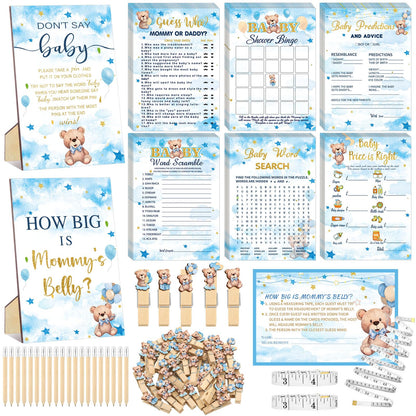 Funnymoom 426 Pcs Blue Theme Bear Baby Shower Decorations Games Set-8 Games Includes Bearly Wait Baby Shower Decorations Bingo Prediction and Advice How Big is Mommy's Belly Don't Say The Words