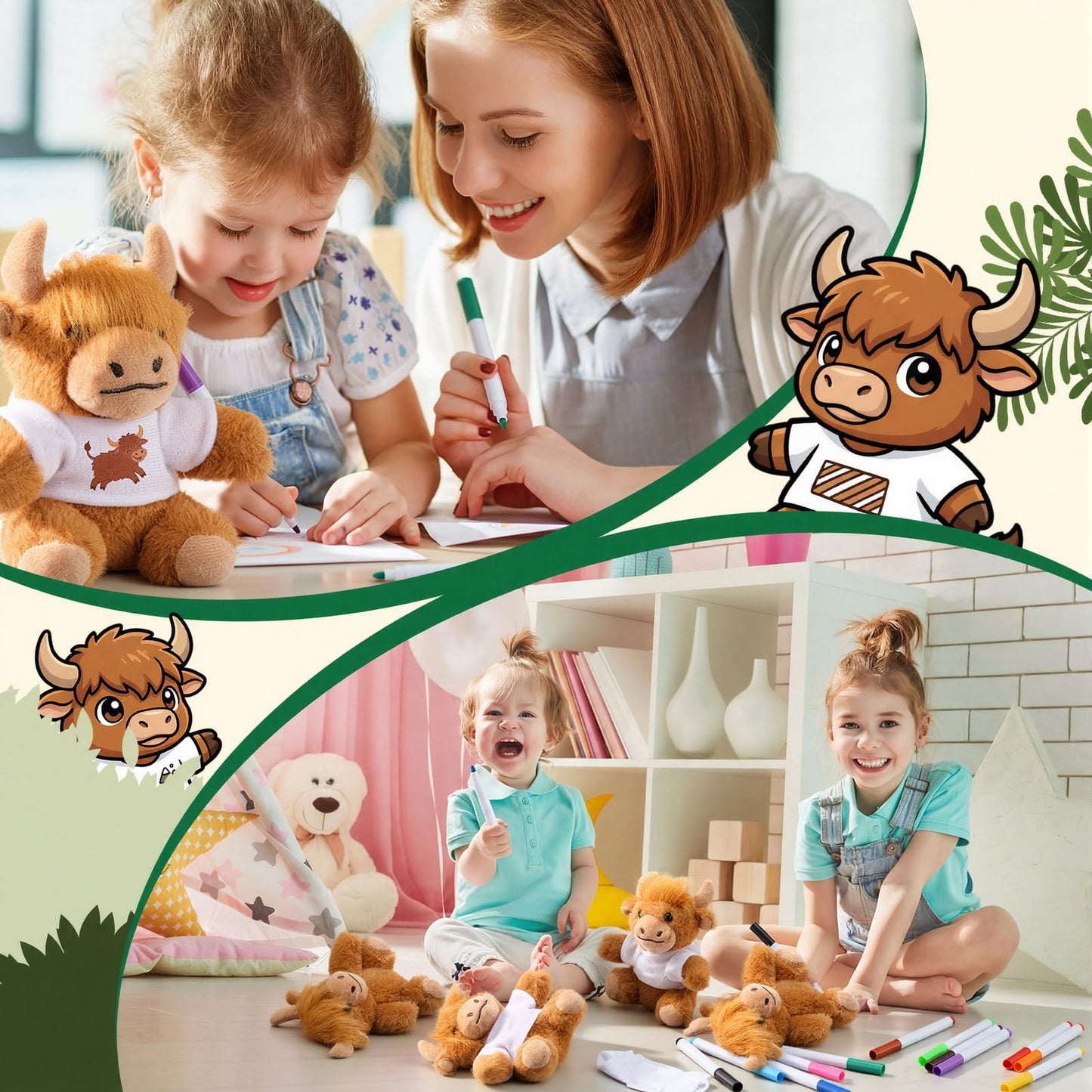 Blueweenly 24 Pcs 6 Sets Make Your Own Stuffed Animal Highland Cow Kit Including 6 Inches Soft Cow Plush with White T Shirt and 12 Colors Pens for Birthday Favors Forest DIY Crafting Gifts