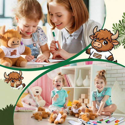 Blueweenly 24 Pcs 6 Sets Make Your Own Stuffed Animal Highland Cow Kit Including 6 Inches Soft Cow Plush with White T Shirt and 12 Colors Pens for Birthday Favors Forest DIY Crafting Gifts