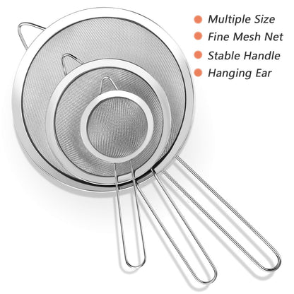 3Pcs Super Wire Extra Fine Mesh Strainer with Handle, Small Medium Large Size Sifter Metal Strainer Set, Stainless Steel Sieve Fine Mesh Strainers for Kitchen Rice Juice Quinoa Food Flour Baking YLYL