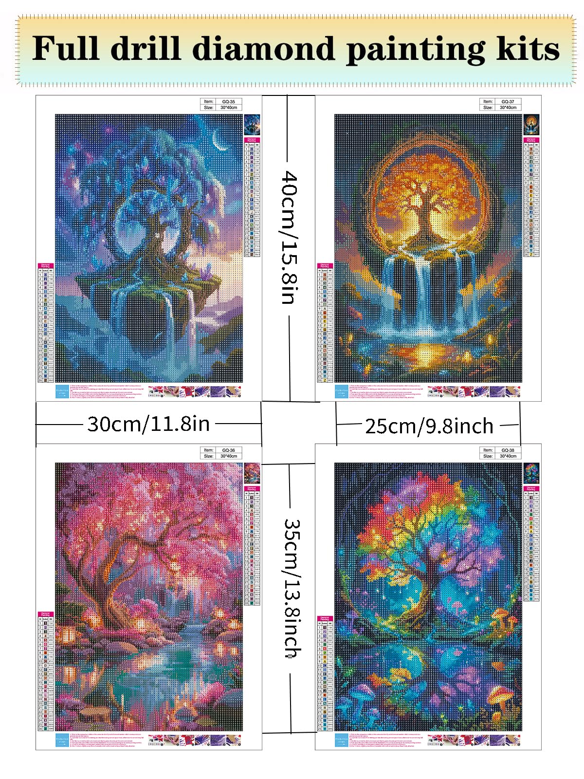 Tree of Life Diamond Art Kits for Adults - 4 Pack Scenery 5D Round Drill Diamond Painting Kits DIY Diamond Painting Gem Art Crystal Waterfall Diamond Art Painting for Home Wall Decor 12X16Inch