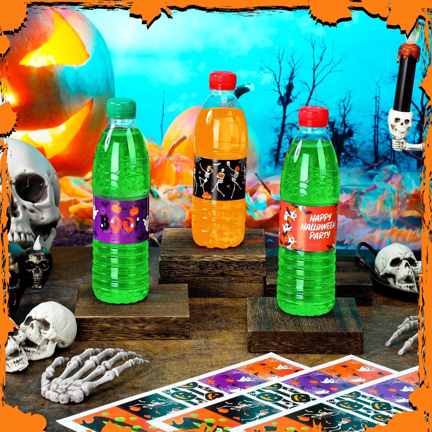 Menkxi 100 Pcs Halloween Water Bottle Labels Pumpkin Witch Potion Bat Ghost Water Bottle Sticker Wrappers Treat Halloween Box Labels for Birthday Party Supplies Decorations Ornaments (Classic Style)