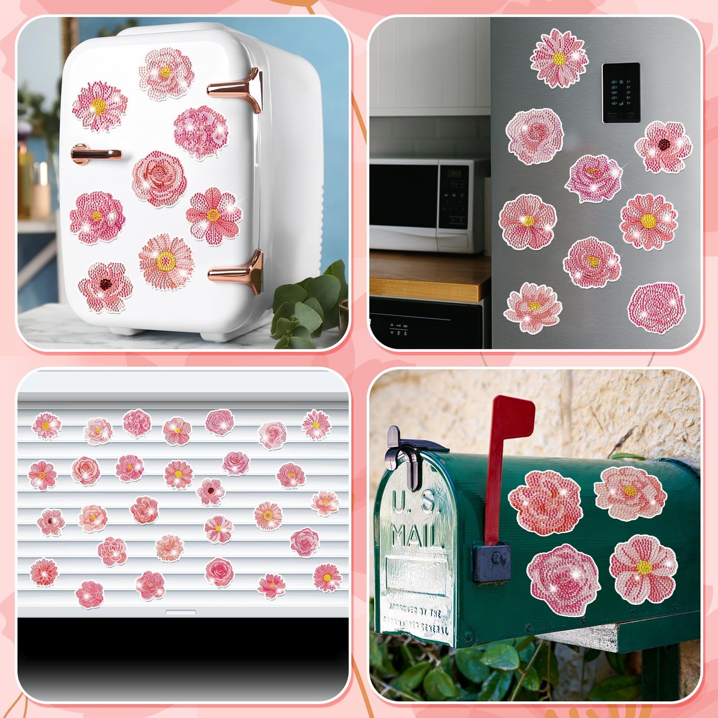 Copkim 30 Pcs Diamond Art Magnets Refrigerator Easy Art Kits Fridge Diamond Painting Magnets Stickers for Adults DIY Home Decors Flower Butterfly(Pink Flower)