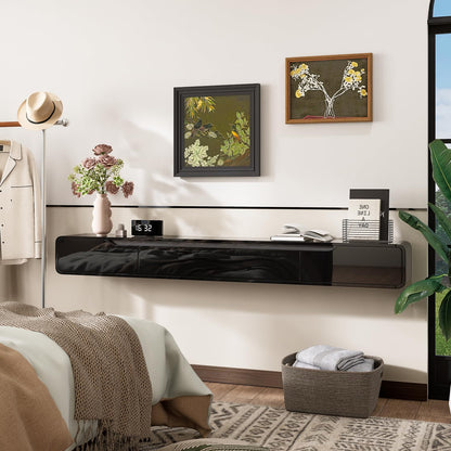 FurniNova 55'' Floating TV Stand with Drawers, Wall Mounted TV Console, High-Gloss Floating Entertainment Center Under TV Shelf for Living Room Bedroom,Fully Assembled,Black
