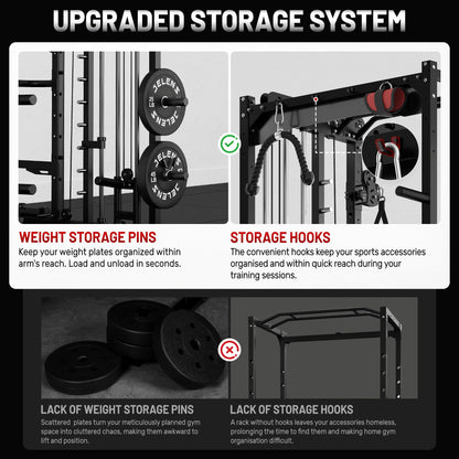 JELENS Smith Machine for Home Gym, Multi-Function M12 Power Cage, Squat Rack with Smith Bar and More Attachment (Black, 140LB Black Weights Package)