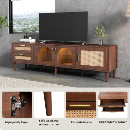 Ball & Cast Rattan TV Stand for TVs up to 80",Modern Entertainment Center with LED Light and 2 Drawers & 3 Doors,TV Media Console w/Storage Cabinets and Solid Wood Legs for Living Room,Dark Brown