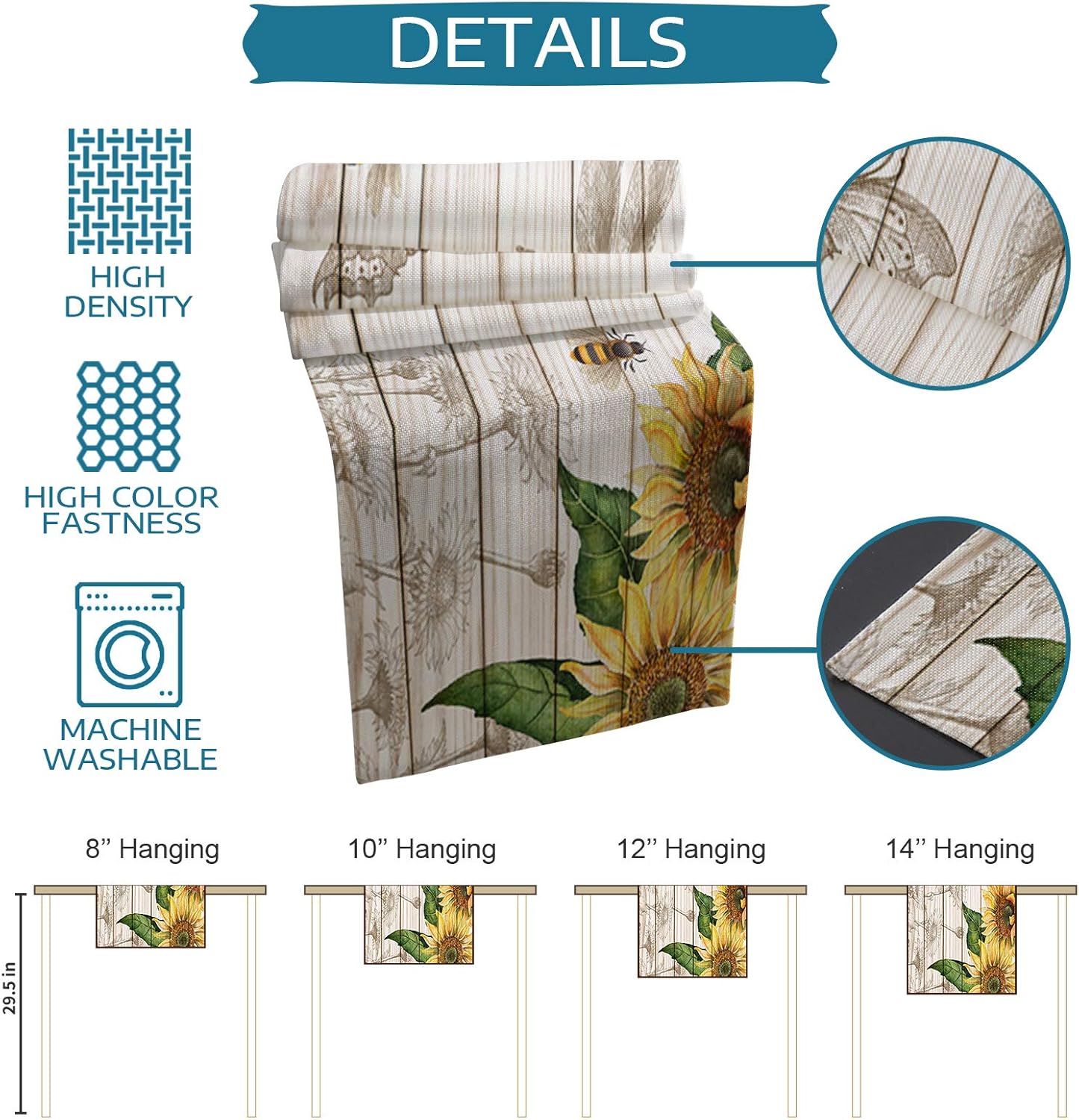 Summer Table Runner - Sunflower with Bees Wood Background, 13"X90" Farmhouse Style for Dining Room, Kitchen, Holiday