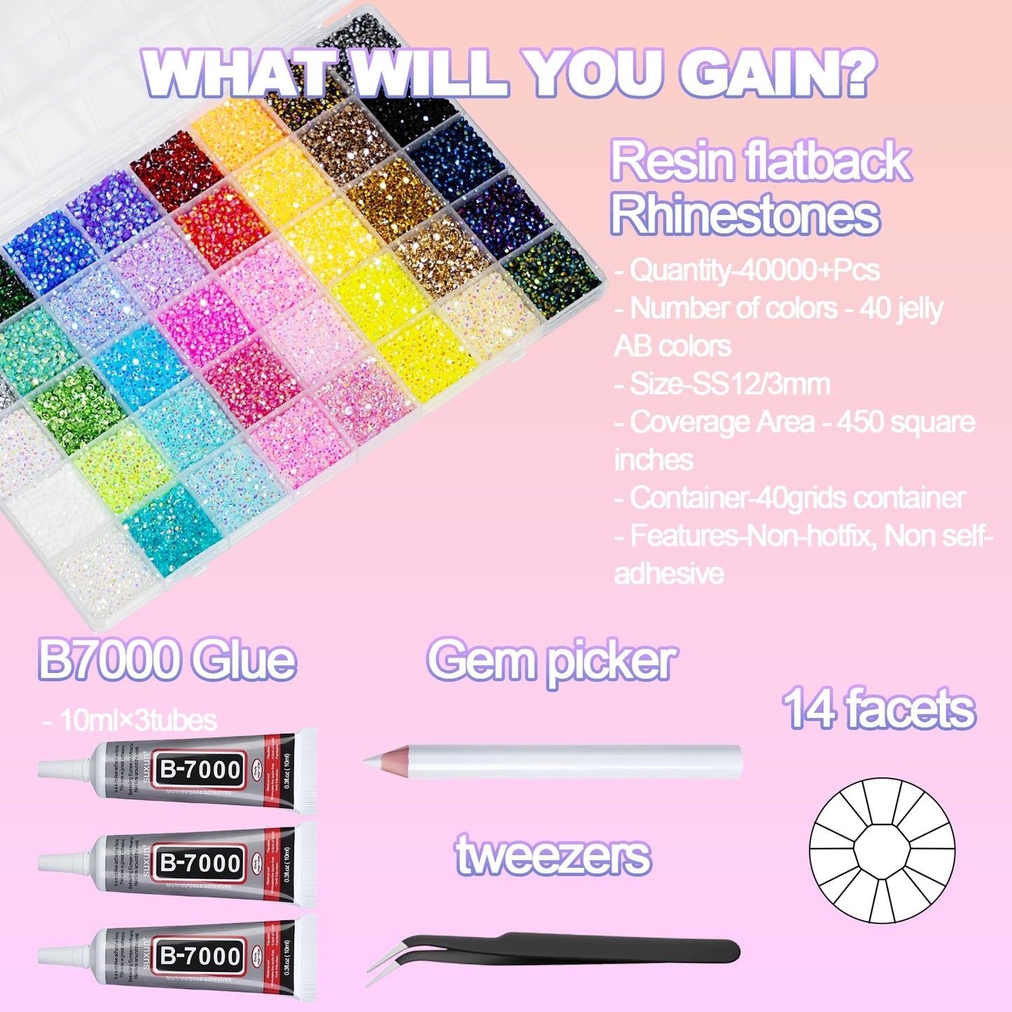 40000+Pcs Resin Jelly Rhinestones for Bedazzling Kit, 3mm Multicolor Flat Back Gems Bedazzler Kit with 3Pcs 10ml B7000 Jewelry Glue, Colorful Bulk Jewels for Diamond Nail Art