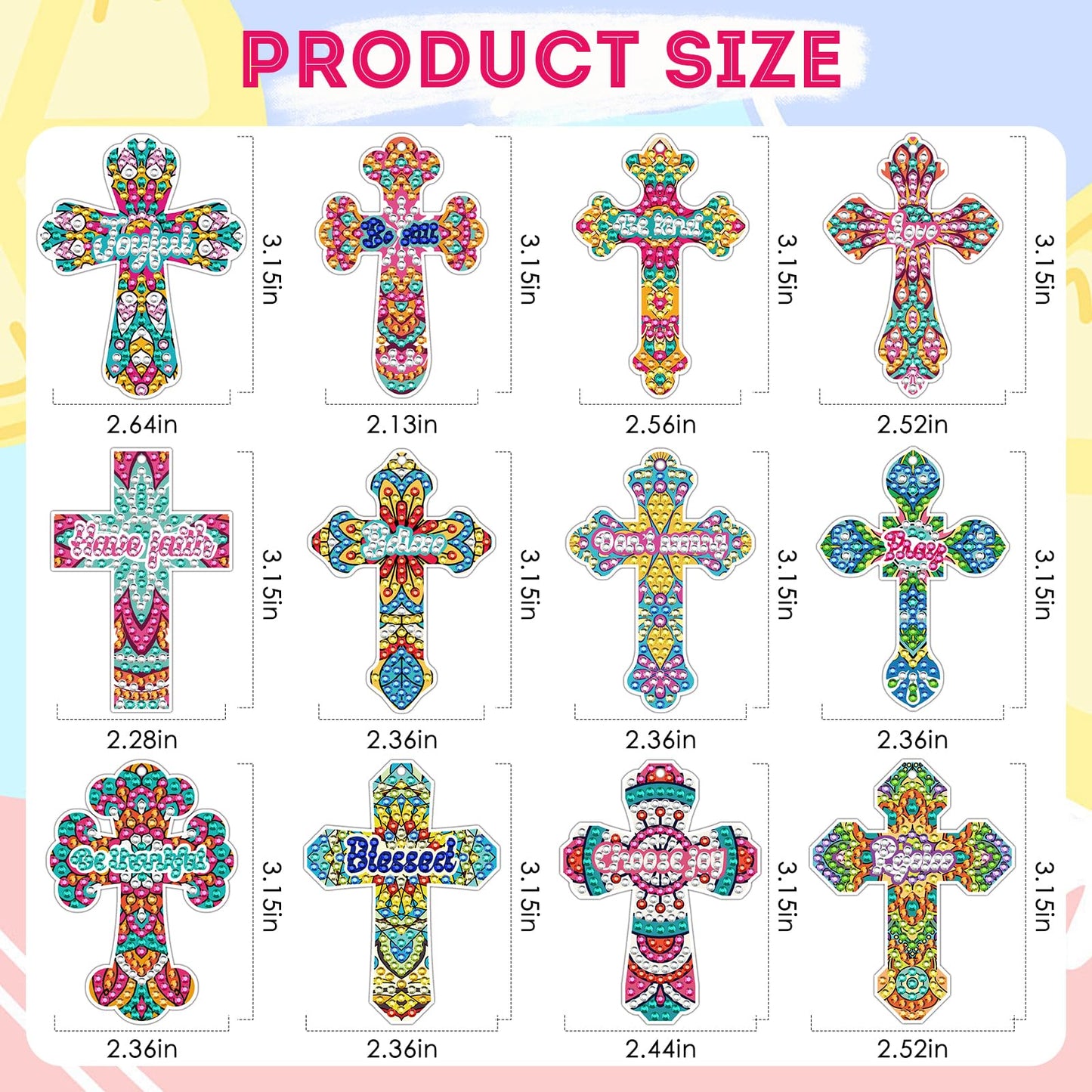 INCOK Cross Diamond Painting Keychains - 12PCS 5D Diamond Art Christian DIY Key Chain Kit DIY Key Ring Inspirational Gift Pendant for Beginner Adults Crafts Ornament
