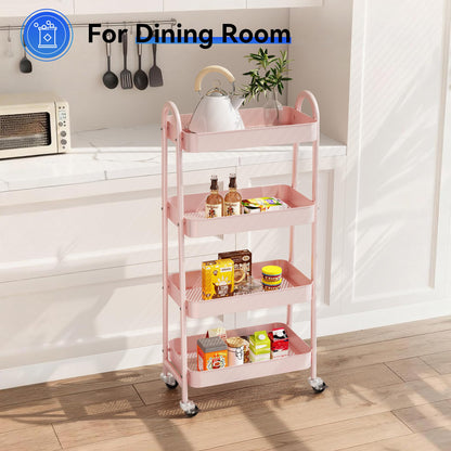 NEWBULIG 4-Tier Metal Rolling Cart with Lockable Wheels, Heavy Duty Mobile Utility Storage Shelf, Roller Book Snack Cart, Organization for Livingroom, Bathroom, Office, Pink