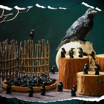 Skiennix Miniature Crows Decor - 150 Pcs Black Resin Raven Figurines for Spooky Holiday Scenes